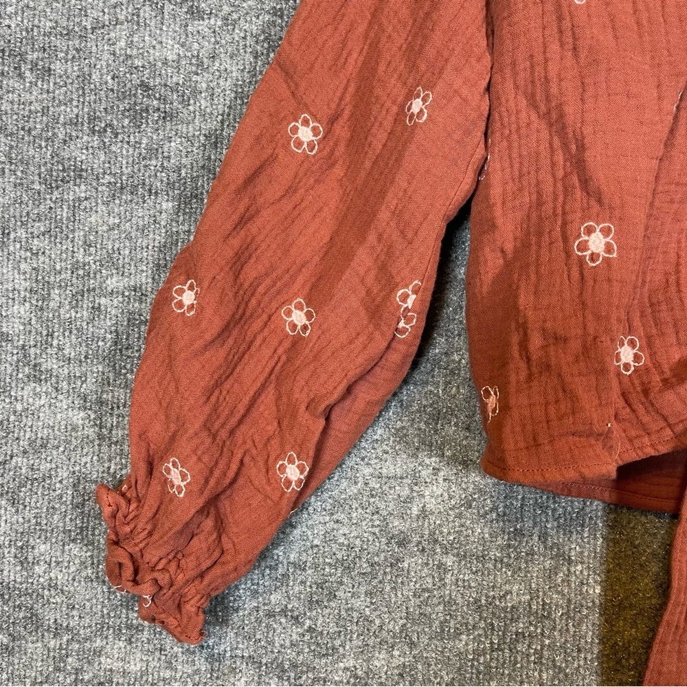 Madewell Womens XXS NWT Burgundy Brown Floral Boho Peasant Wrap Crop Long Sleeve - Picture 3 of 9